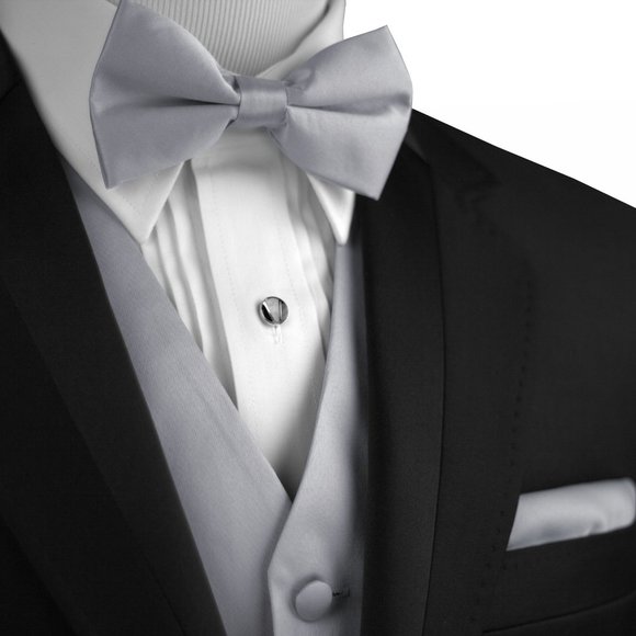 Men's Formal Wedding Prom Homecoming Tuxedo Vest Bow-Tie Hankie - Silver Satin - Picture 1 of 4